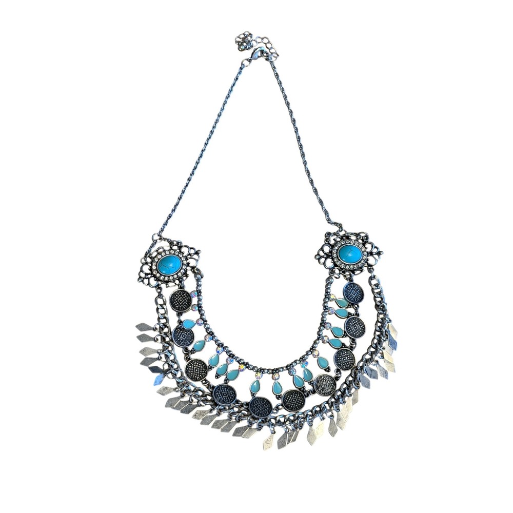Unbranded Statement Necklace Womens OS Blue Silver EUC Boho Tribal Bib